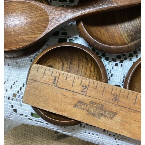 Vintage Mid Century Modern Atomic Wood Orb Sphere Serving Bowl 6 Bowls & Spoon - Picture 10 of 11